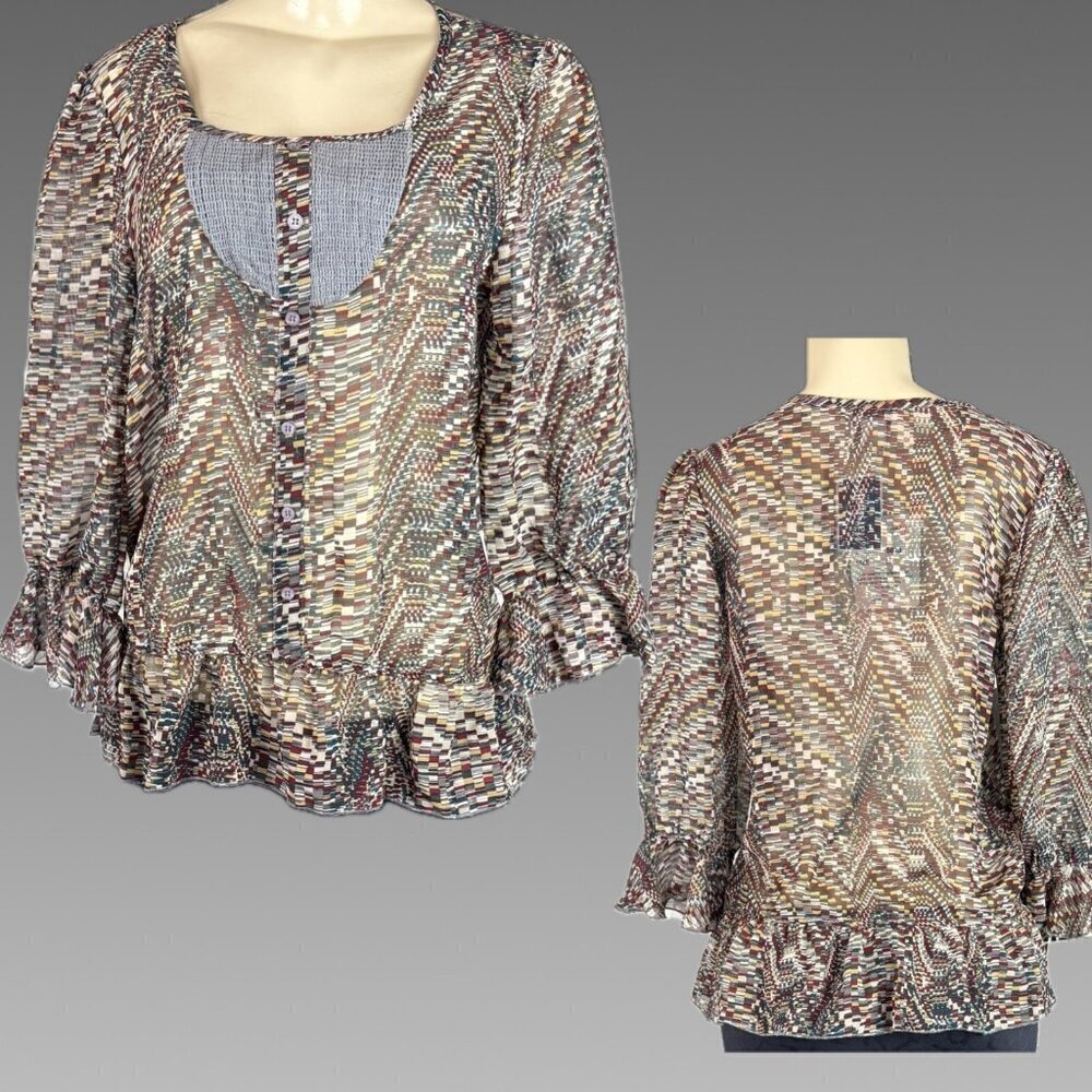 Fun & Flirt M Gray Multicolor Button Weave Detail Ruffle Hem 3/4 Sleeve Blouse
